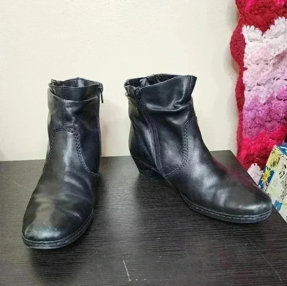 Rieker Boots Lynn 60 Womens 38 Ankle Booties Black Leather Block Heels Side Zip